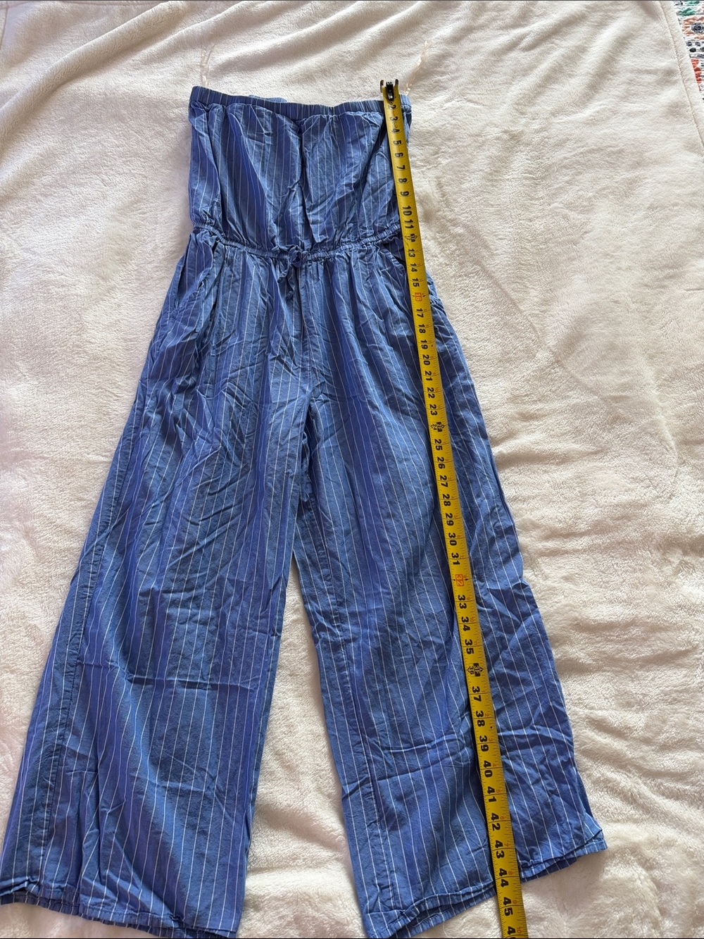 Tacera Blue Pinstripe Strapless Wide-Leg Jumpsuit - Picture 2 of 5